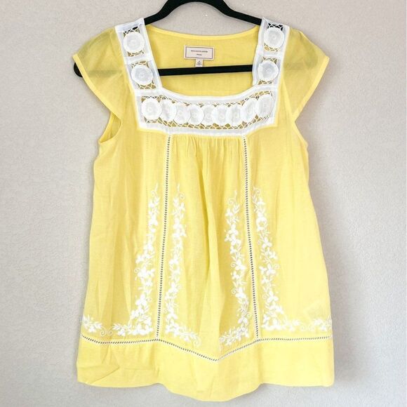 Anthropologie Moulinette Soeurs Yellow Blouse with White Embroidery Size 0 - Picture 1 of 7